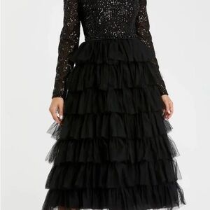 Mac Duggal Black Long Sleeve Ruffle Tiered Midi Dress